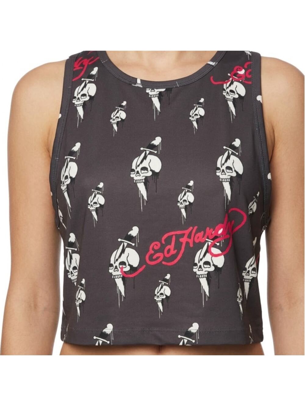 Ed Hardy Gray White Skull Knife Logo Cropped Tank Top size L NEW Tags Racerback
